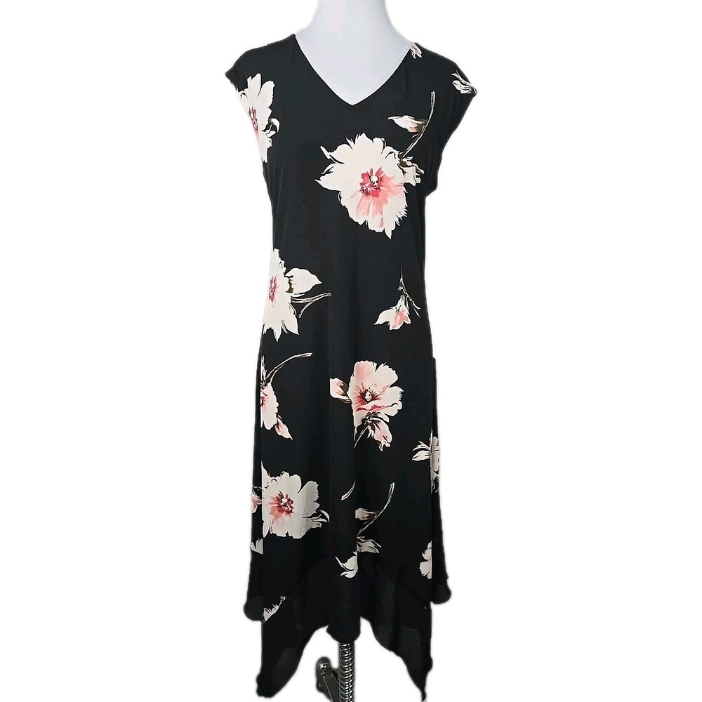 Luxology Black Floral Stretch Knit V-neck Sleeveless Midi Dress Size 12